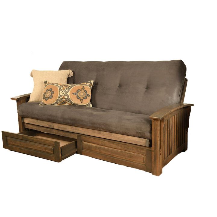 Washington Frame-Rustic Walnut Finish-Suede Gray Mattress-Storage Drawers