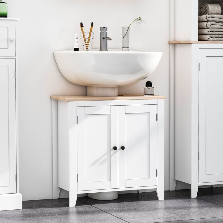 U Shaped Bathroom Vanity with Metal Knob, Wood Grain Table Top and Recessed Door Panel, Bathroom Sink Cabinets, Vanity Sink, White/Wood