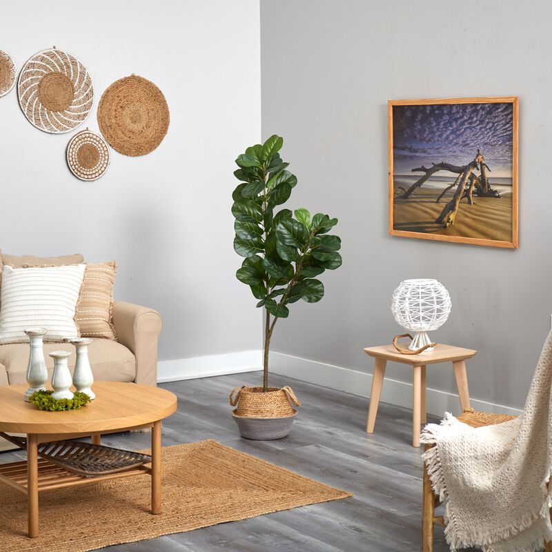 Hivvago 4.5 Feet Fiddle Leaf Fig Artificial Tree with Boho Chic Handmade Cotton and Jute White Woven Planter