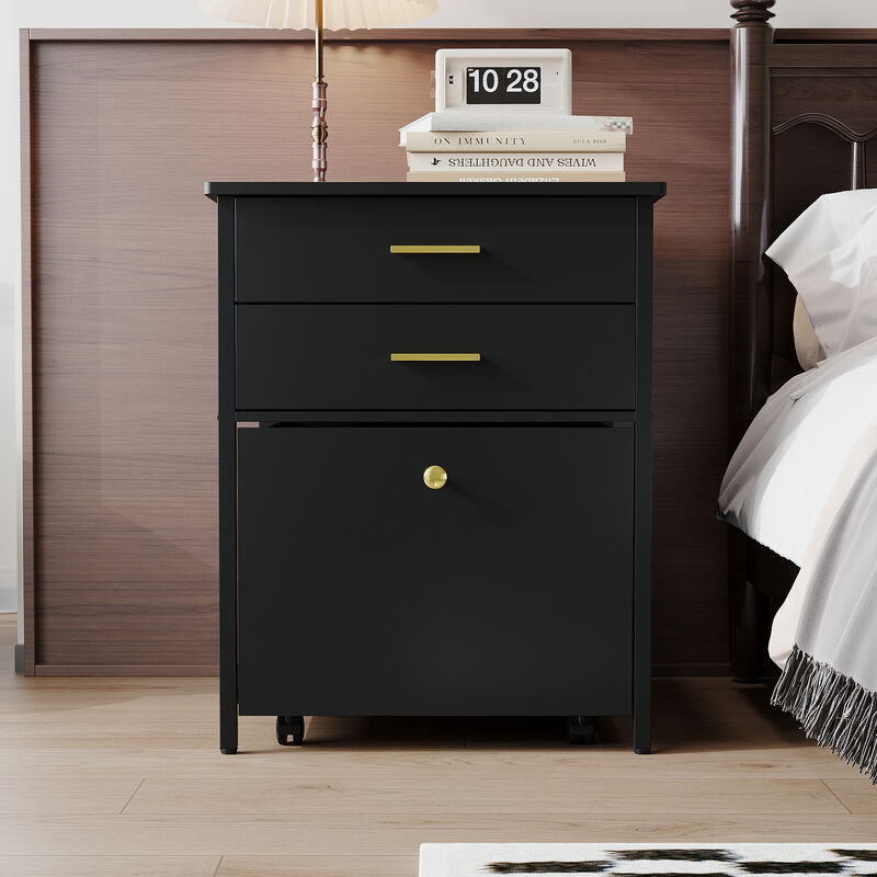 FUFU&GAGA Compact Nightstand, Black Laminate with Gold Handles, (21.7"W x 22.8"D x 27"H), with Pull-out Drawers and Rolling Casters