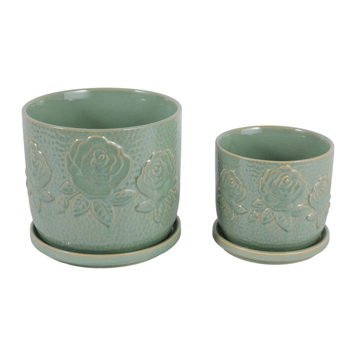S/2 6/8" Rose Embossed Saucer Planters, Sage Green