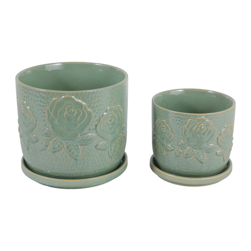 S/2 6/8" Rose Embossed Saucer Planters, Sage Green image number 0
