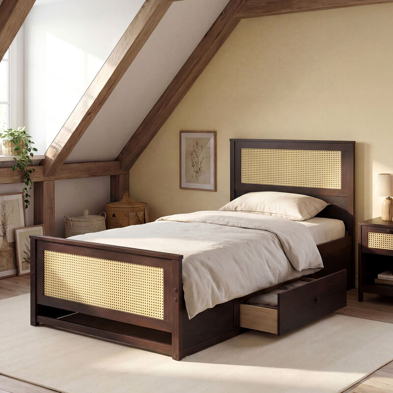 Twin Size Bed Frame with Rattan Headboard and Storage Drawers image number 6