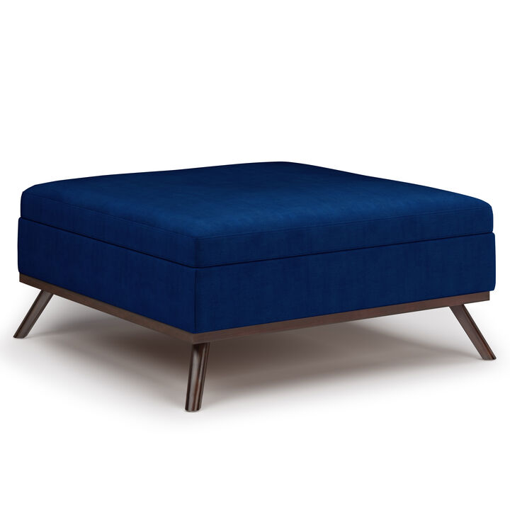 Owen 36 inch Wide Mid Century Modern Square Coffee Table Storage Ottoman in Blue Velvet Fabric, Assembled