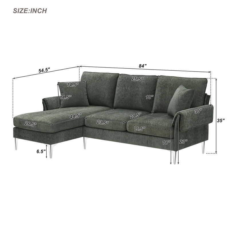 84 " Convertible Sectional Sofa, Modern Chenille L-Shaped Sofa Couch with Reversible Chaise Lounge, Fit for Living Room, Apartment(2 Pillows)