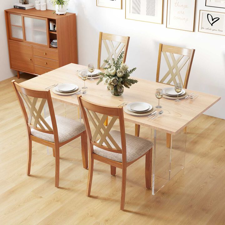 Set of 4 Linen Fabric Upholstered Dining Chairs with Rubber Wood Frame for Dining Room-Natural