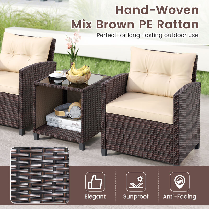 3 Piece Patio Sofa Set Wicker Chairs and Coffee Table with Storage