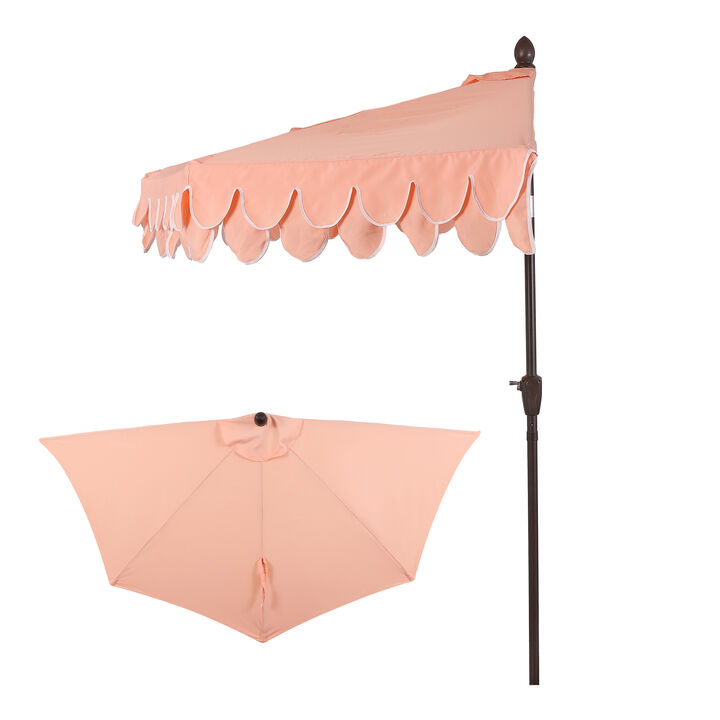 Terrace Arc 9 ft. Classic Dark Brown Pole MidCentury Scalloped Fringe Market Patio Half Umbrella with Crank, Tilt Button and UV Protection