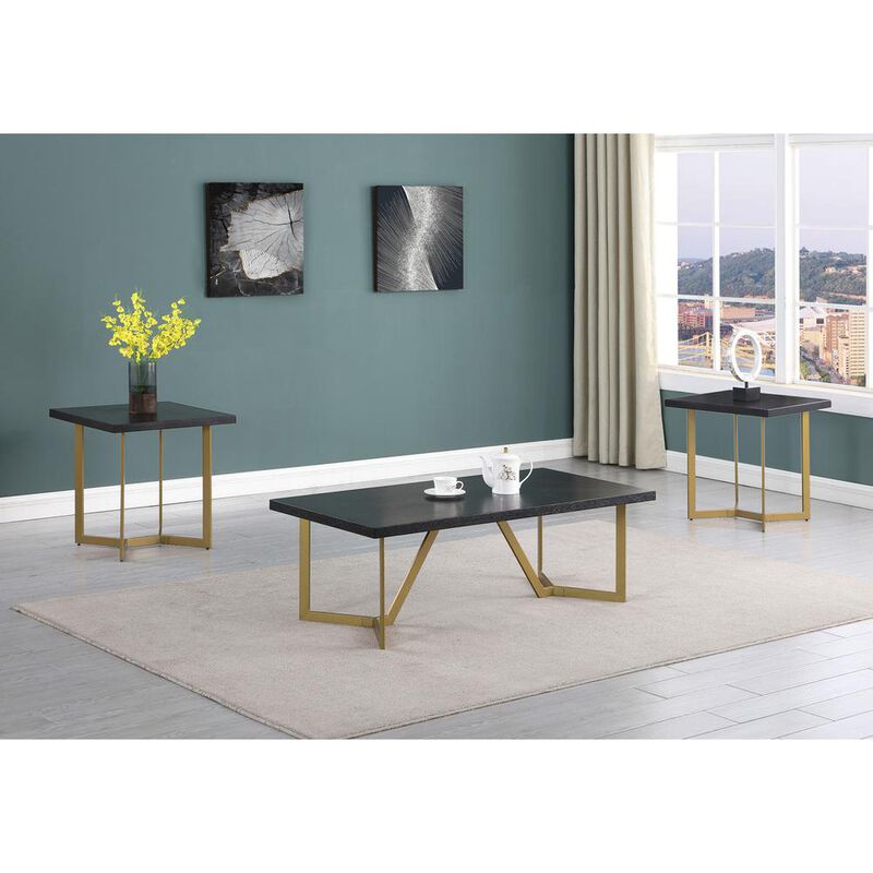 Best Quality Furniture 3pc Black wood top coffee table set w/gold color iron base (1Coffee+2end table)