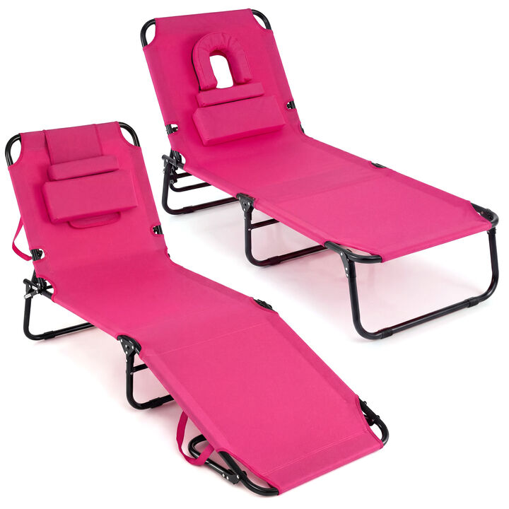 Set of 2 Folding Tanning Chairs with Face Hole and 3 Removable Pillows