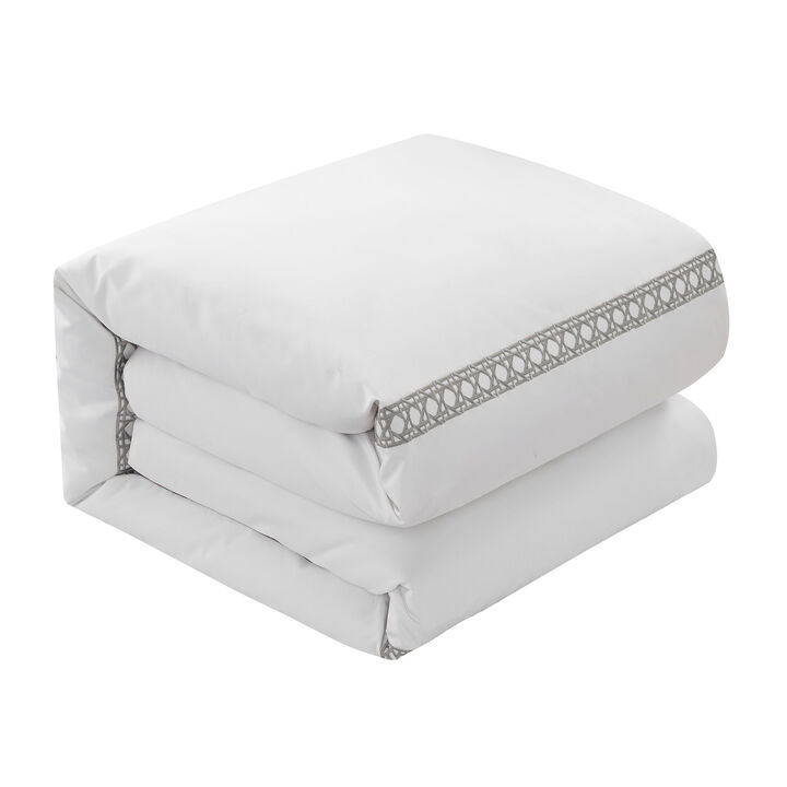 Chic Home Lewiston 3 Piece Cotton Blend Duvet Cover 1500 Thread Count Set Solid White With Embroidered Lattice Stitching Details Queen Grey