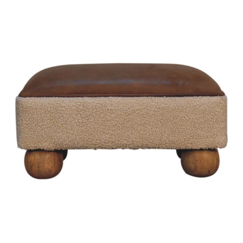 Tan Buffalo Leather Boucle Footstool with Ball Feet