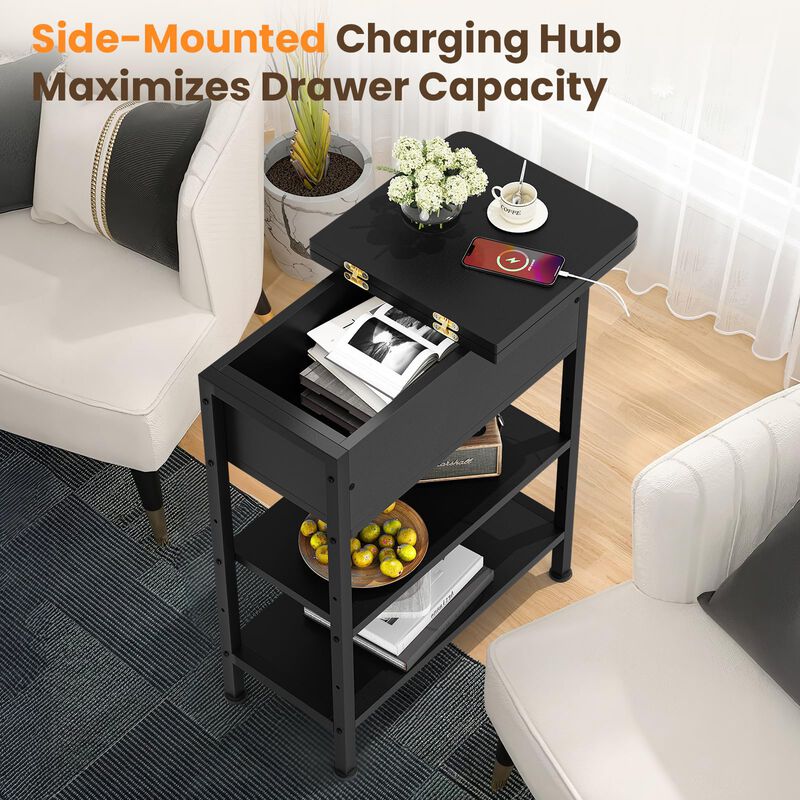 GRUSIGN End Table with Charging Station, Flip Top Side Table with USB Ports and Outlets, 3-Tier Small Side Table with Storage fo