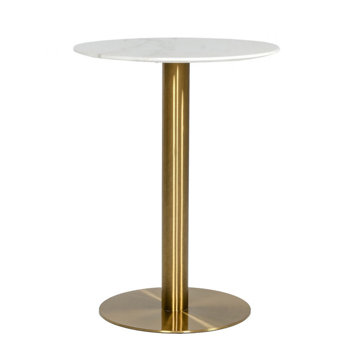 20 Inch Marble Top Bar Table with Pedestal Base, White and Gold - Benzara