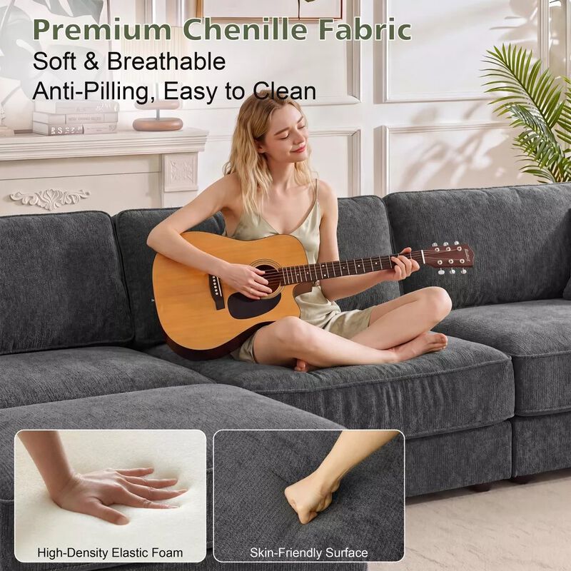 Vipbear 118" Modular L-Shaped Cloud Couch with Movable Ottoman, Chenille Sectional Sofa Living Room image number 4