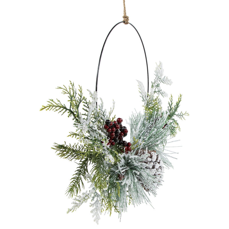 Frosted Mixed Foliage with Berries and Pinecone Artificial Christmas Wreath  16-Inch  Unlit