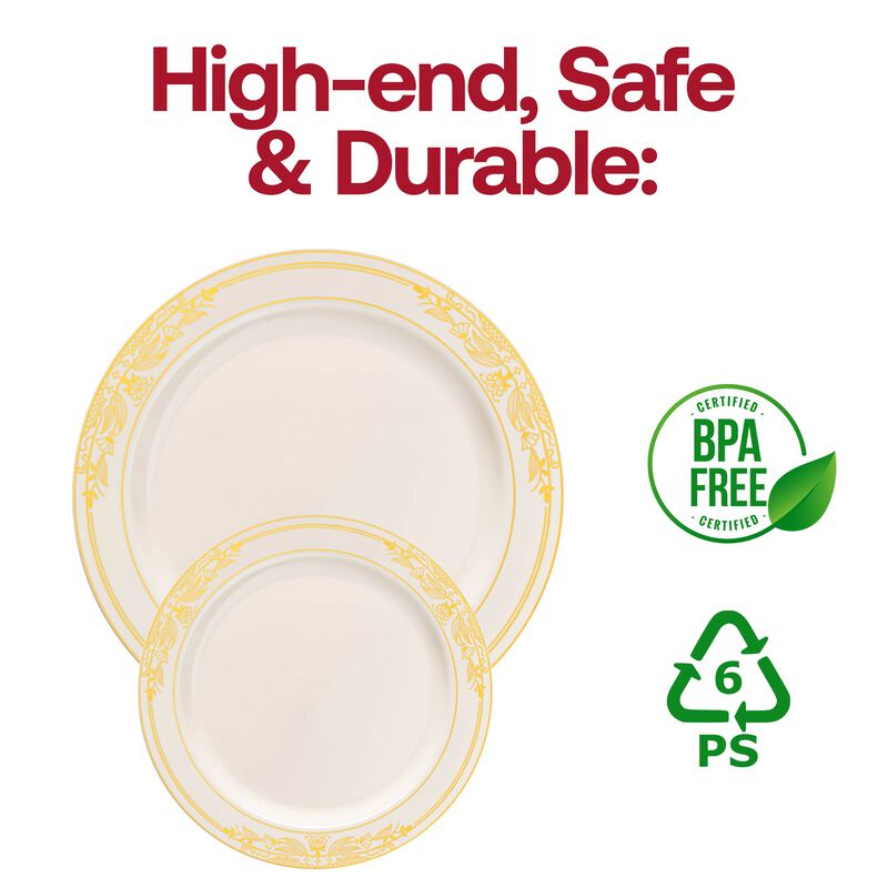 Ivory with Gold Harmony Rim Plastic Dinnerware Value Set (40 Sets) image number 5