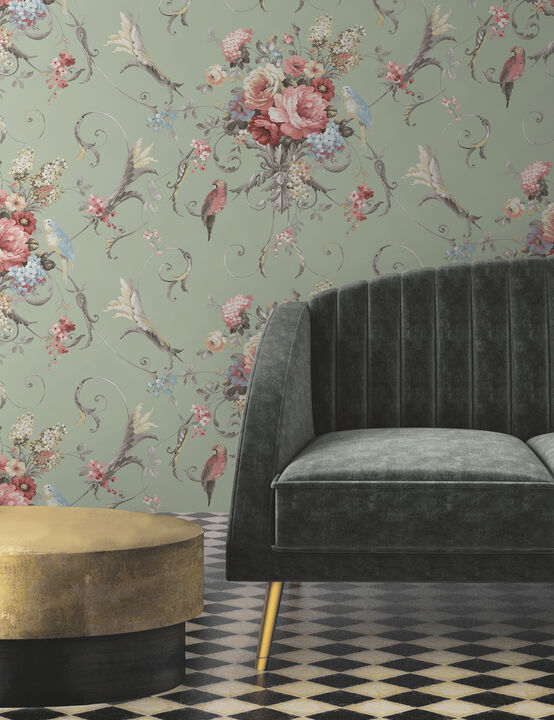 Parrots with Floral Bouquets Eucalyptus Peel & Stick Wallpaper
