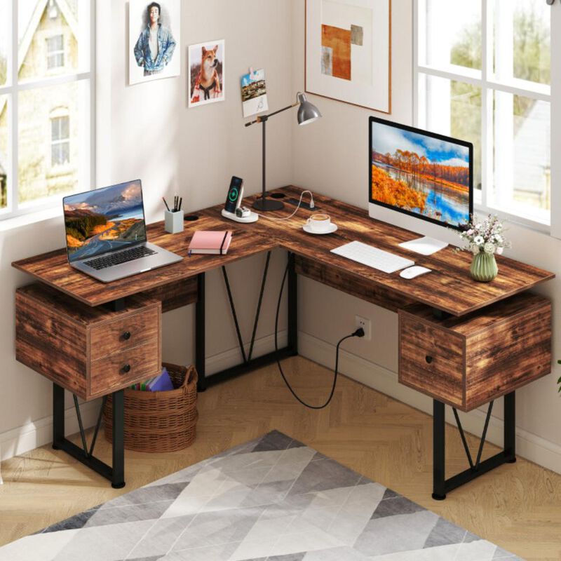 Hivvago L-shaped Computer Desk with Power Outlets and 3 Storage Drawers