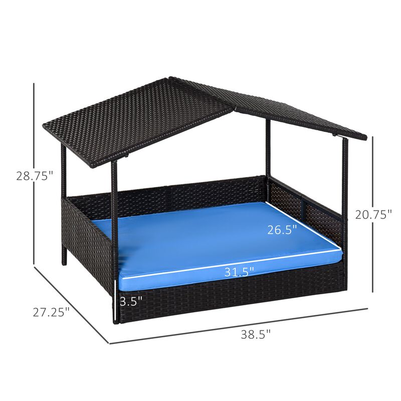 Wicker Dog House Elevated Raised Rattan Bed for Indoor/Outdoor with Removable Cushion Lounge, Blue