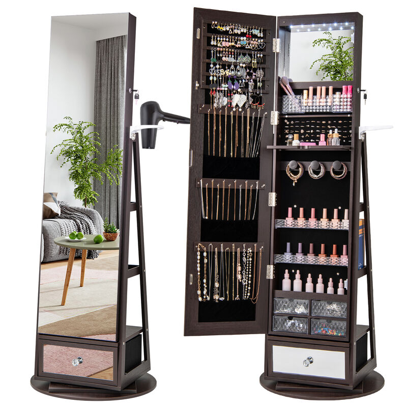 Lockable 360&deg; Swivel Jewelry Cabinet with Full-Length Mirror LED Lights