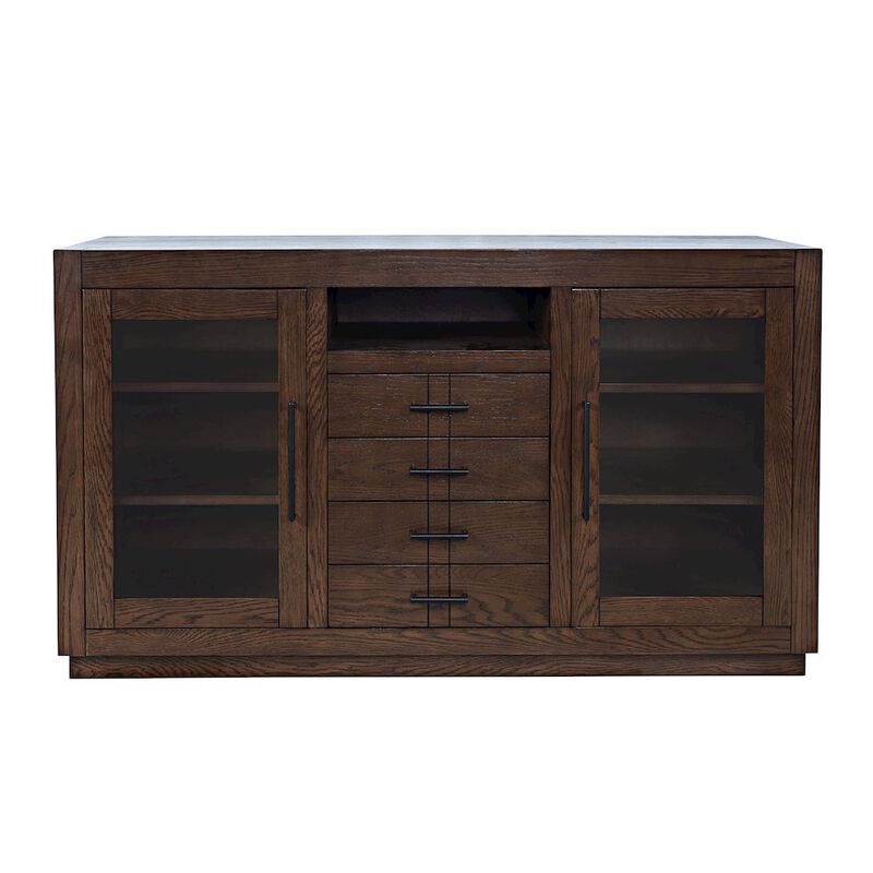 Jofran 50 Contemporary Media Console with Tempered Glass Doors, Drawers and Shelves