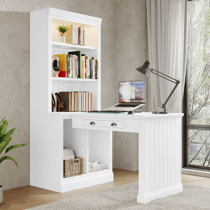 83.4"Tall Bookshelf with Writing Desk, Modern Bookcase with Study Desk, Workstation with Storage Shelf, Storage Bookcase with Open Shelves and LED Lighting for Living Room, Home Office, White