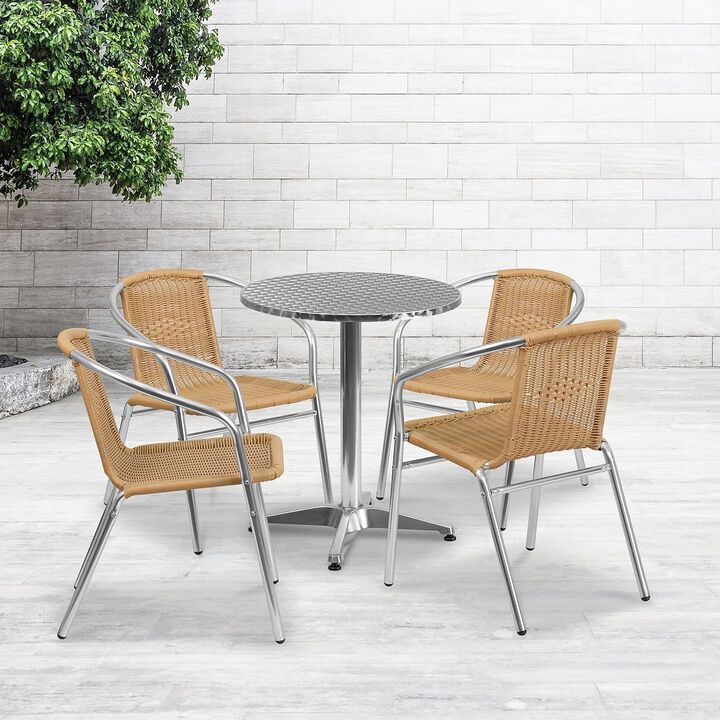 Flash Furniture Lila 23.5'' Round Aluminum Indoor-Outdoor Table Set with 4 Beige Rattan Chairs