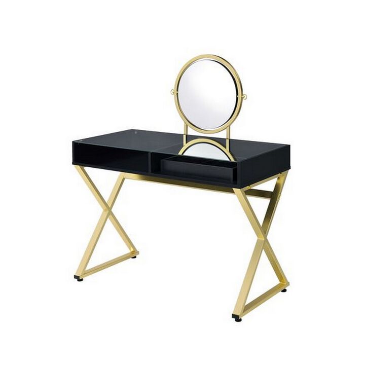 Vanity Desk with Round Mirror and Cross Metal Legs, Black and Gold-Benzara