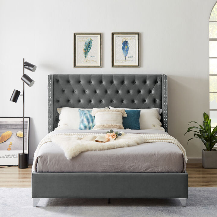 Queen bed, Button designed Headboard, strong wooden slats + metal legs with Electroplate