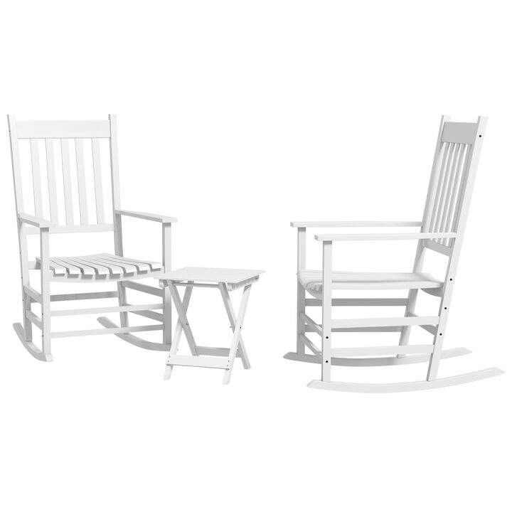 Outsunny Wooden Rocking Chair Set w/ Foldable Side Table, Outdoor Rocker Chairs with Curved Armrests, High Back & Slatted Seat for Garden, Balcony, Porch, Supports Up to 352 lbs., White