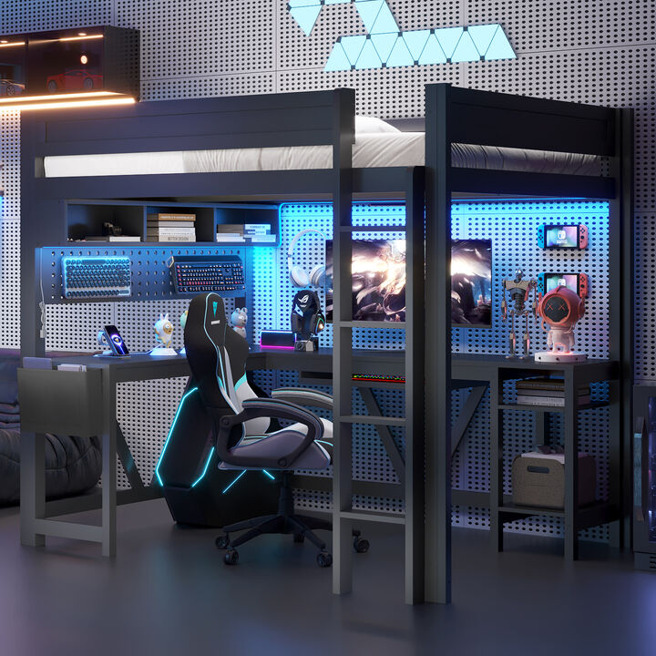 Whisen Full Size Gaming Loft Bed with Desk, USB Charging, LED Light, Wood & MDF for Kids Bedroom