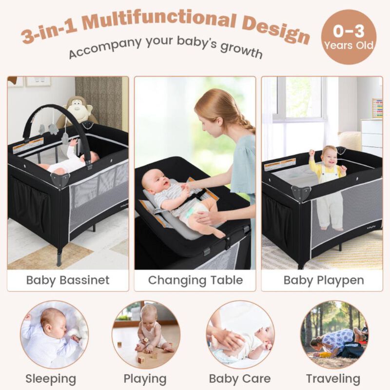 Hivvago 3-in-1 Portable Baby Crib and Playpen with Changing Table