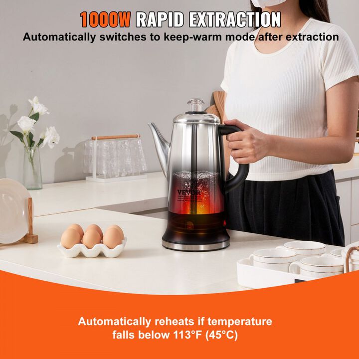 12-Cup Coffee Percolator with Heat-Resistant Handle, Stainless Steel Electric Coffee Pot-Silver