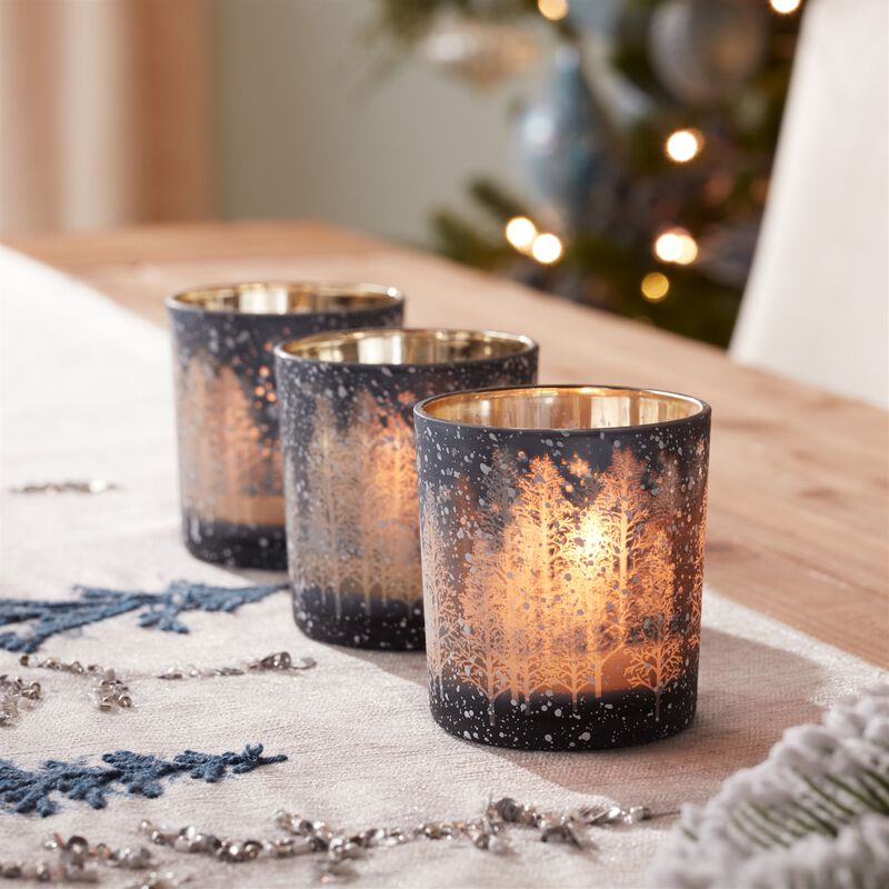 Set of 3 Pine Tree Glass Votive Holders for Holiday Table or Mantel Display