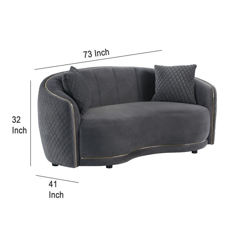 Buo Curved Loveseat, 73 Inch Dark Gray Polyester, Gold Trim, 2 Pillows - Benzara