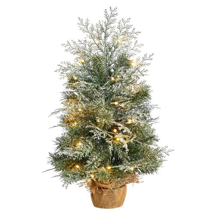 Nearly Natural 2-ft Winter Frosted Artificial Christmas Tree with 35 LED Lights in Burlap Base