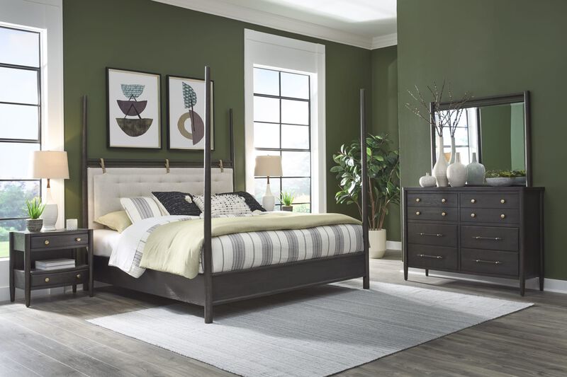 Rockport Upholstered California King-size Poster Bed in Yin and Turtle Dove Linen