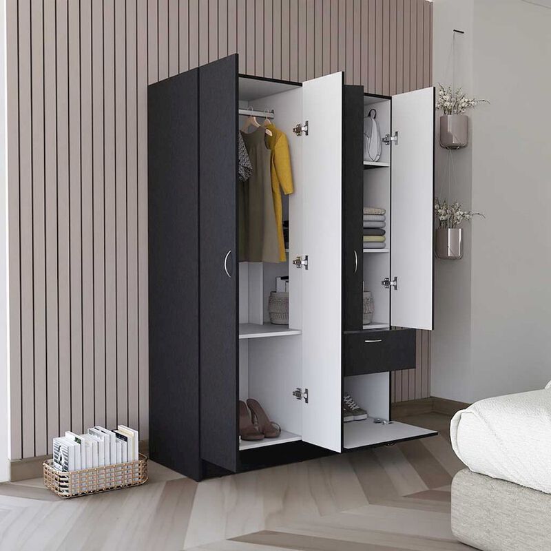 Vaupes Armoire, Double Door Cabinet, One Drawer, Five Interior Shelves, Rod -Black / White image number 1