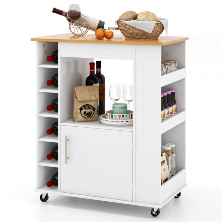 Hivvago Kitchen Cart on Wheels with Bamboo Top and 6-Bottle Wine Rack-White