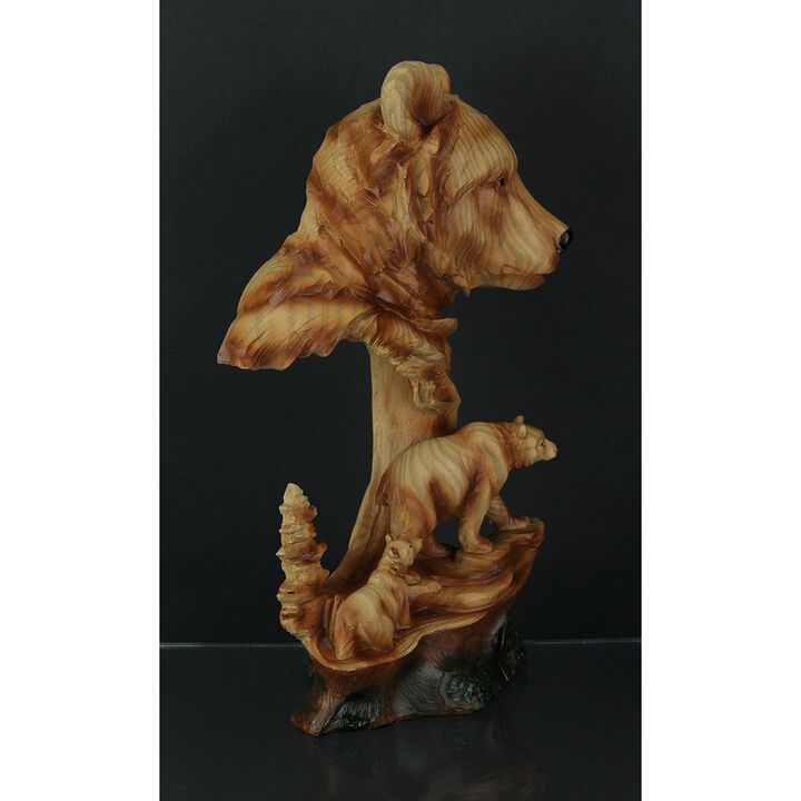 Faux Carved Bear Head And Family Wood Look Statue