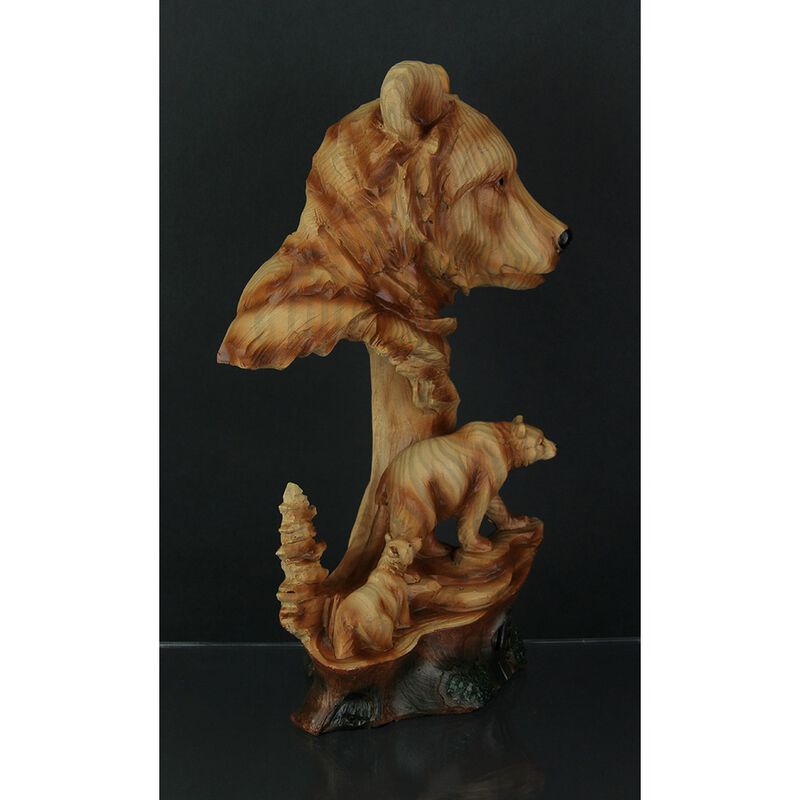 Faux Carved Bear Head And Family Wood Look Statue image number 1
