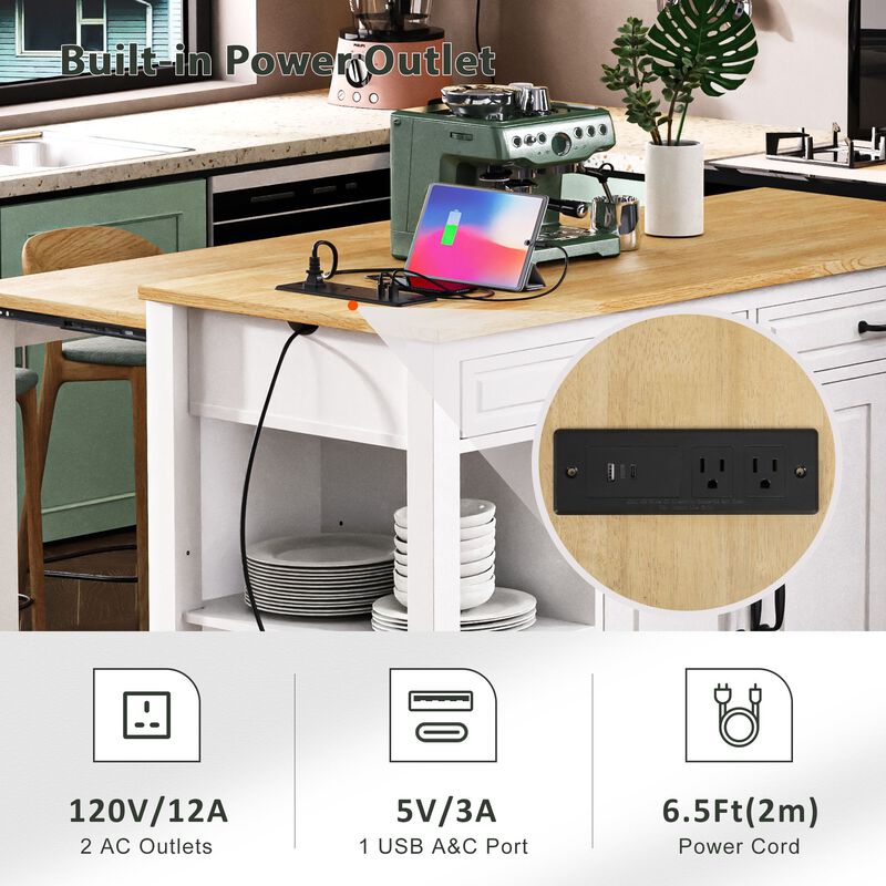 Whisen 47" Kitchen Island with Extendable Dining Table, Rubber Wood Veneer Kitchen Table with Storage Rack and Power Outlet - Gray