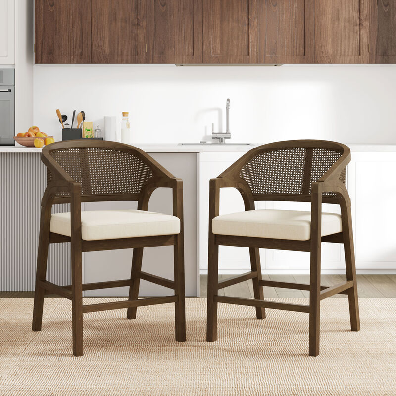Christopher Knight Home Nat Upholstered Rubberwood Counter Stools with Curved Cane Back (Set of 2)