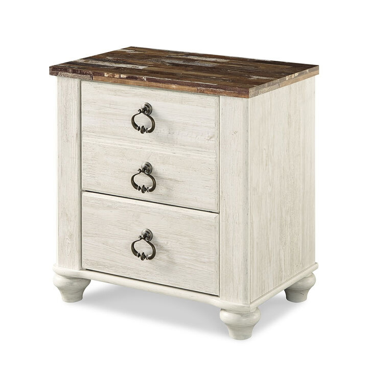 Isla Nightstand, 2 Drawers, 2 USB, Brown Wood Top, Rustic Whitewash