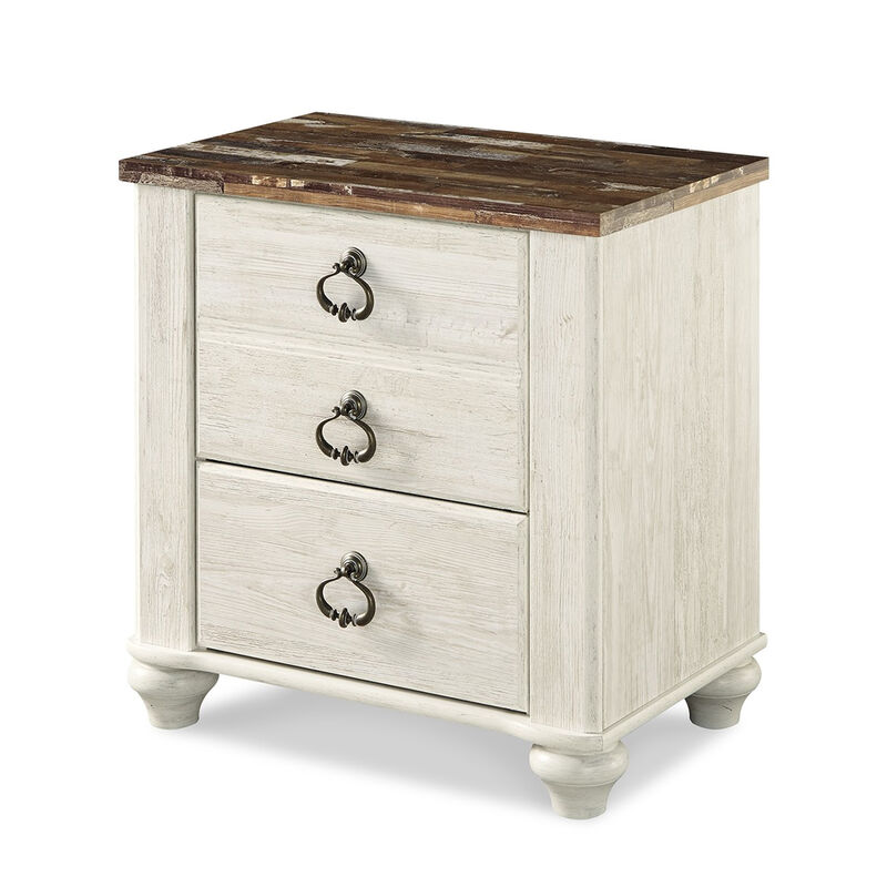 Isla Nightstand, 2 Drawers, 2 USB, Brown Wood Top, Rustic Whitewash