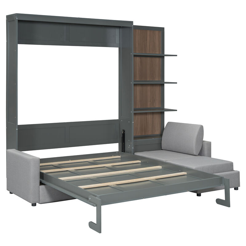 Whisen Queen Size Murphy Bed Wall Bed with Sofa and Shelves