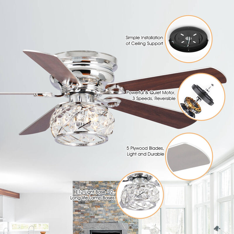 48" Chrome Modern 5-Blade Crystal Flush Mount Ceiling Fan with Remote