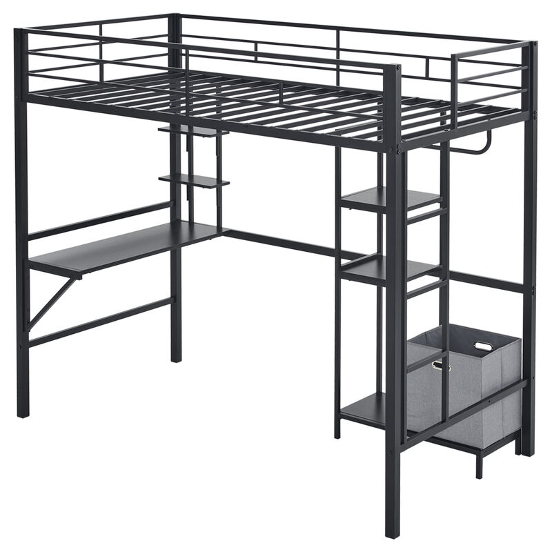 Heavy-Duty Loft Bed with Desk, Storage Shelves, Guardrails & Dual Ladders, No Box Spring Needed image number 2