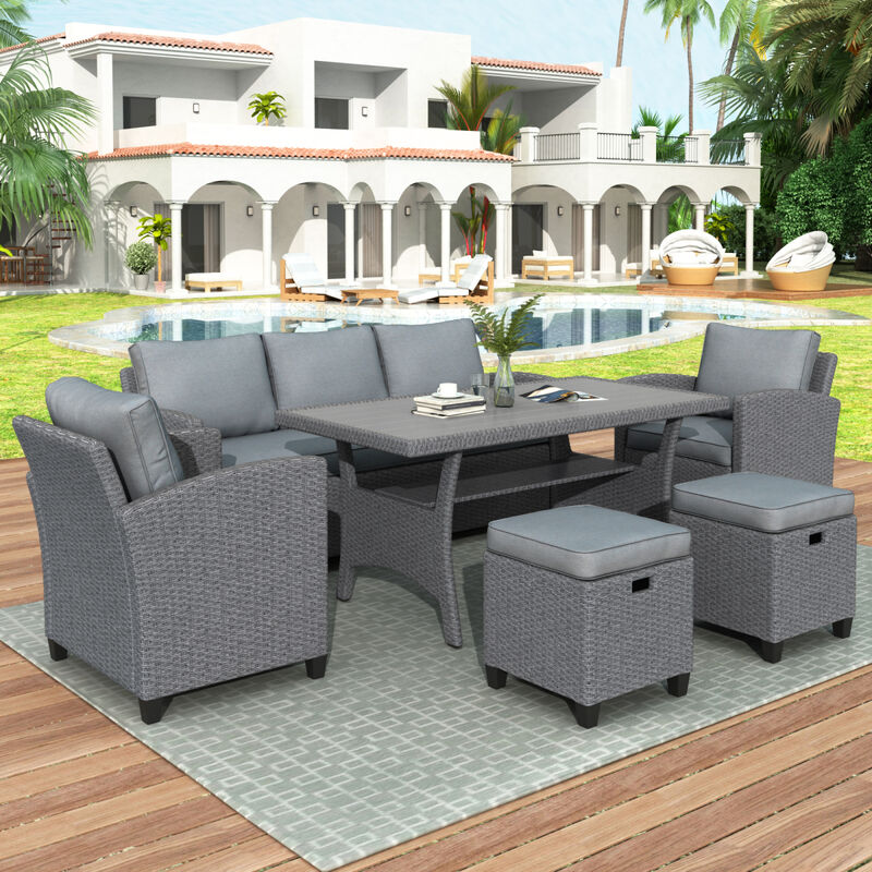 6-Piece Outdoor Rattan Wicker Set Patio Garden Backyard Sofa, Chair, Stools and Table(Gray Rattan+Gray Cushion)